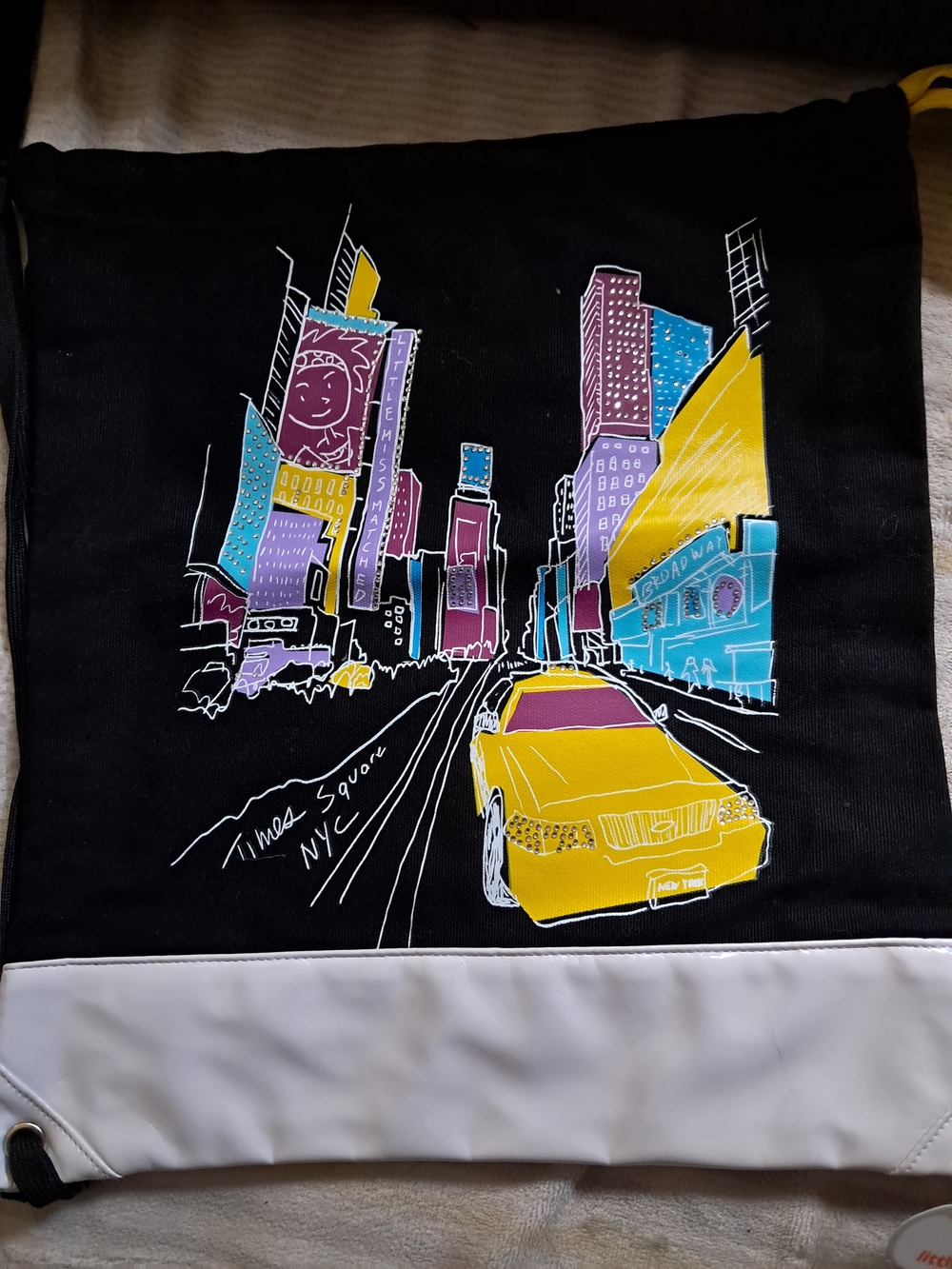 Stylish Black Drawstring Backpack with Yellow Taxi City Print